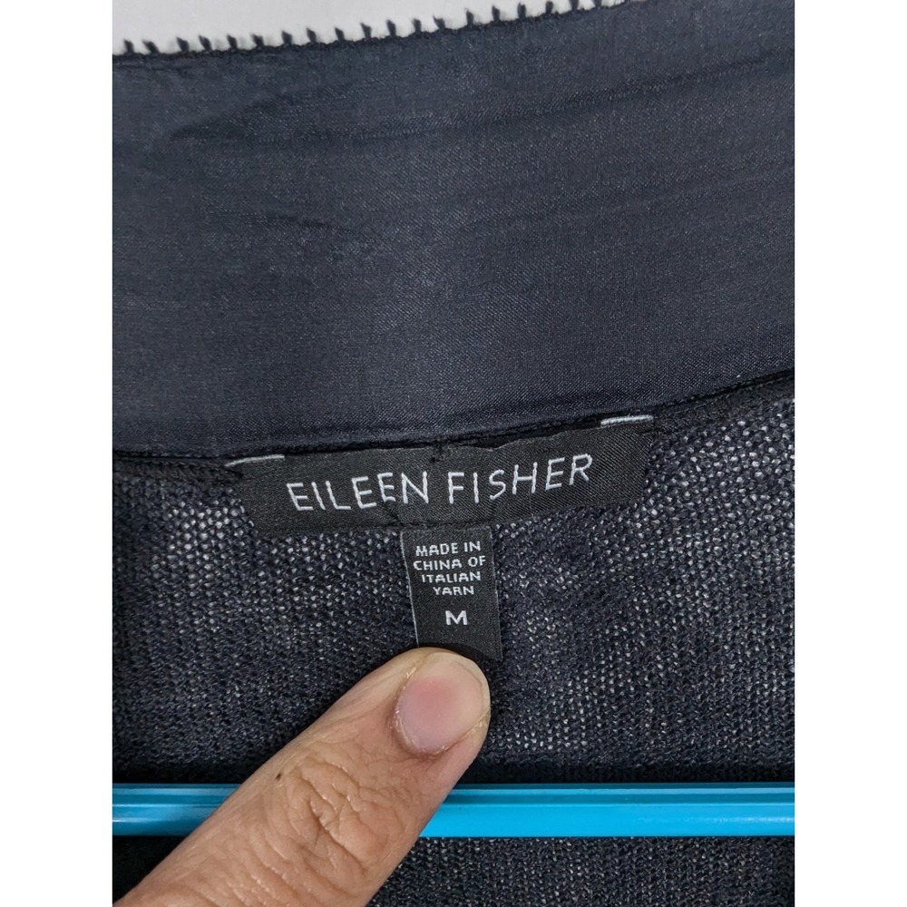 Eileen Fisher Linen Silk Blend Open Front Cardigan navy M Silk Trim - Picture 5 of 6